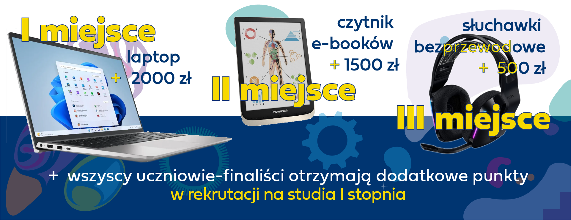 nagrody w konkursie laptop+2000 zł, tablet + 1500 zł, czytnik e-booków + 500 zł oraz dodatkowe punkty rekrutacyjne